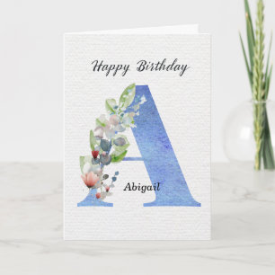 Letter A Birthday Custom Name Her Blue Monogram Card