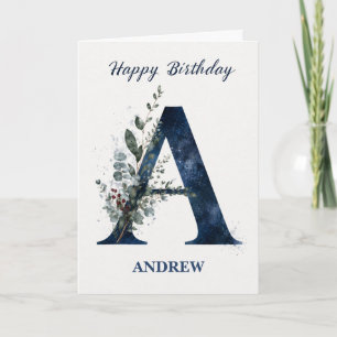 Letter A Birthday for Him Personalized Name Blue M Card