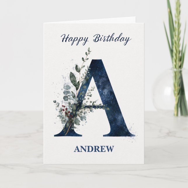Letter A Birthday for Him Personalized Name Blue M Card (Front)