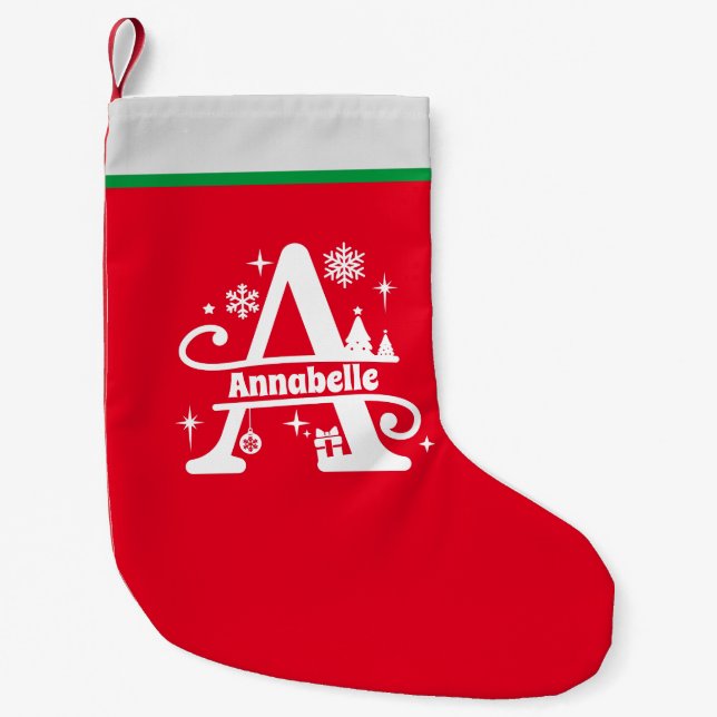 Letter A Christmas Monogram Initial Name Red White Small Christmas Stocking (Front)