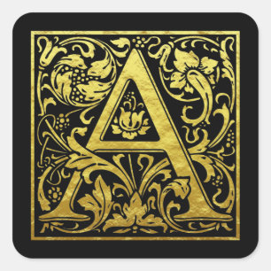 Letter A First Letter Faux Gold and Black Square Sticker
