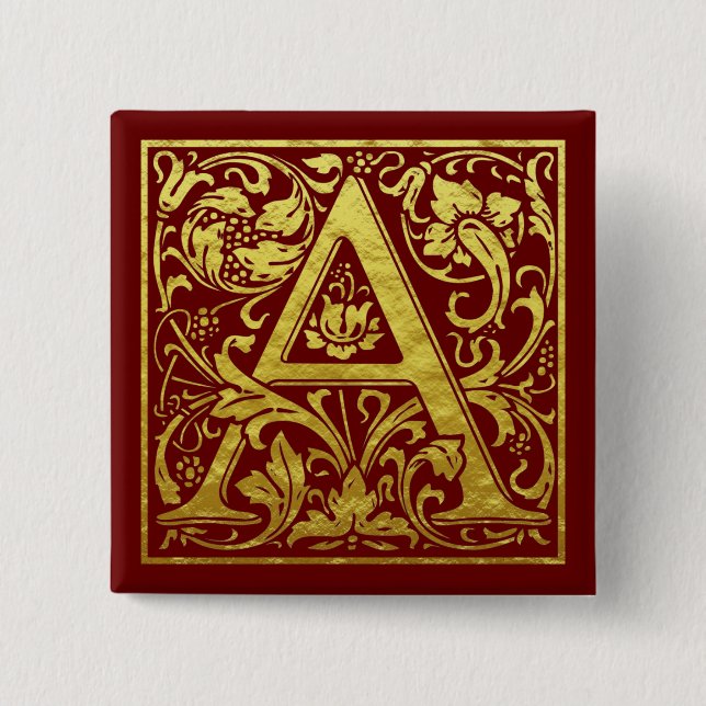 Letter A First Letter Faux Gold and Red 2 Inch Square Button (Front)