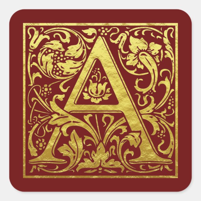 Letter A First Letter Faux Gold and Red Square Sticker (Front)