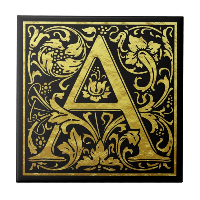 Letter A First Letter Faux Gold Black Tile (Front)