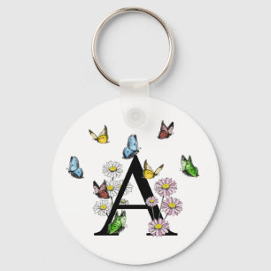 Letter A Floral Butterfly Monogram Initial  Keychain