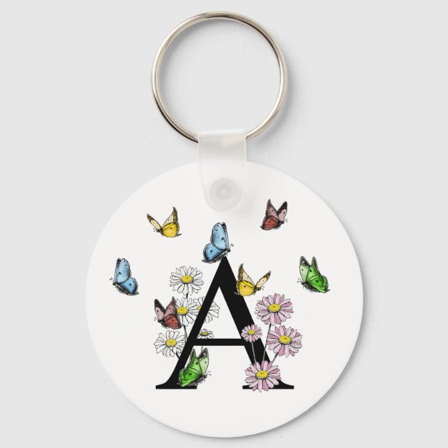 Letter A Floral Butterfly Monogram Initial  Keychain (Front)