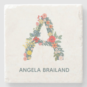 Letter A floral garden monogram personalized Stone Coaster
