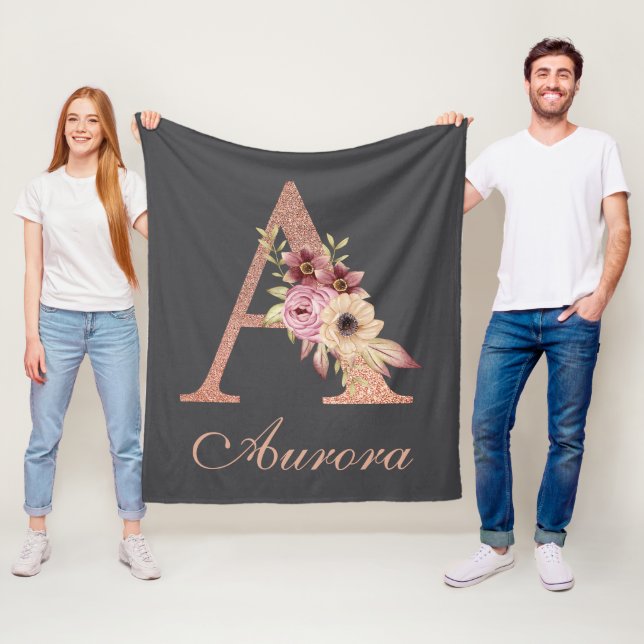 Letter A Floral Rose Gold Monogram Fleece Blanket (In Situ)