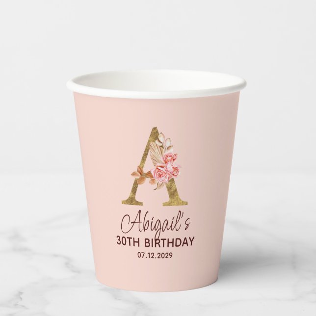 Letter A Gold Monogram Blush Pink Roses Paper Cups (Front)