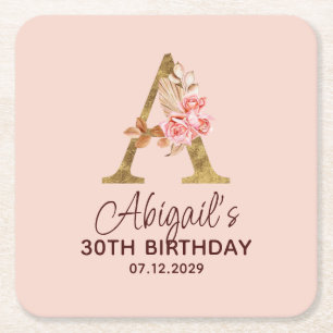 Letter A Gold Monogram Blush Pink Roses Square Paper Coaster