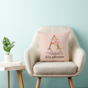 Letter A Gold Monogram Blush Pink Roses Throw Pillow