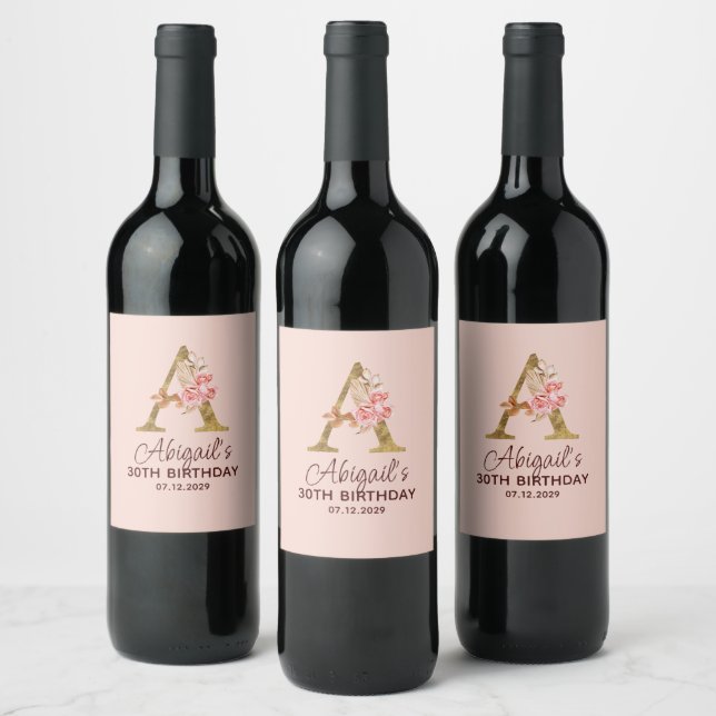 Letter A Gold Monogram Blush Pink Roses Wine Label (Bottles)