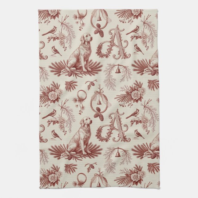Letter A Golden Retriever Kitchen Holiday Towel (Vertical)