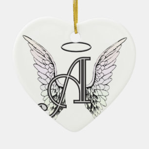 Letter A Initial Monogram with Angel Wings & Halo Ceramic Ornament