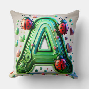 🌸 Letter A Ladybug Floral Monogram  🌸 Throw Pillow