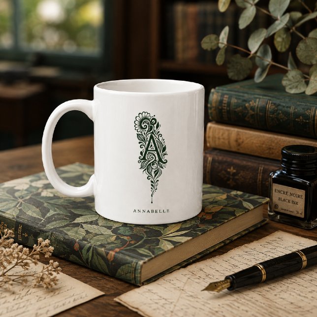 Letter A Linocut Botanical Personalized Mug (Creator Uploaded)