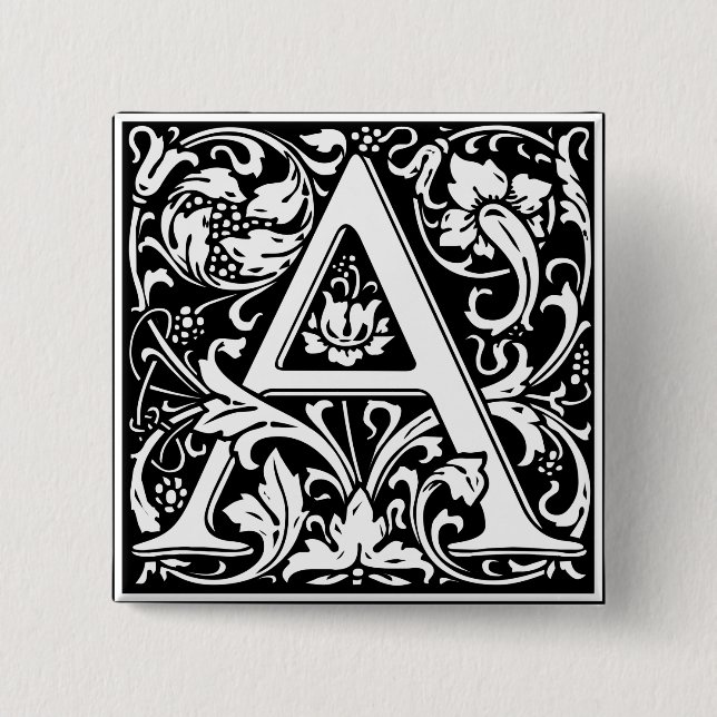 Letter A Medieval Monogram Art Nouveau 2 Inch Square Button (Front)