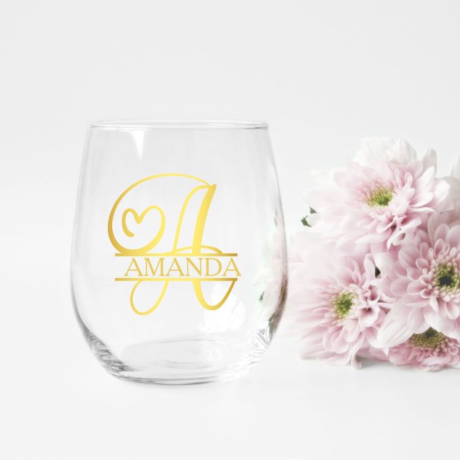 Letter A Monogram Bridesmaid Gift, Modern Elegant Stemless Wine Glass (stemless wine glass for a bridesmaid gift that has a gold split A monogram and customized with name)