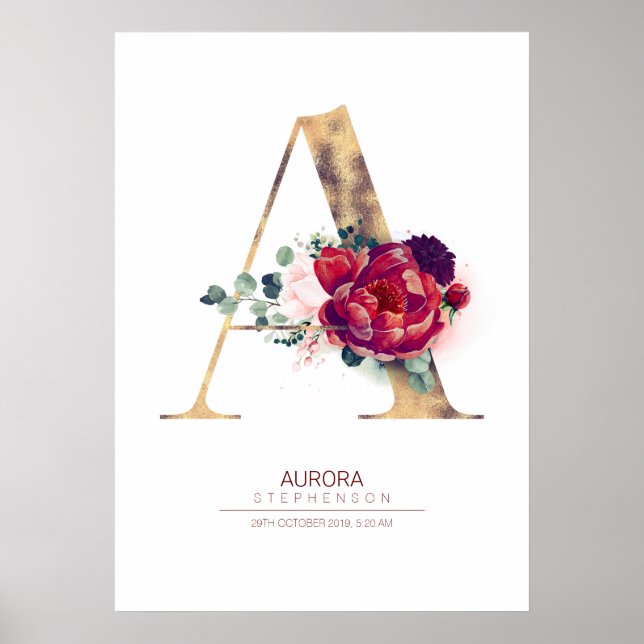 Letter A Monogram Floral Burgundy Red and Gold Poster (Front)