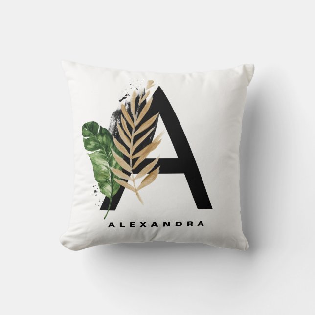  Letter A Monogram Gold Foil Tropical Leaves Throw Pillow (Front)