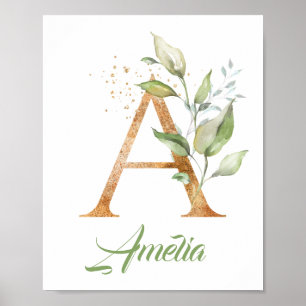 Letter A monogram greenery eucalyptus gold Poster
