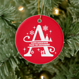 Letter A Monogram Initial Family Name Greeting Ceramic Ornament