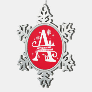 Letter A Monogram Initial Family Name Greeting Snowflake Pewter Christmas Ornament