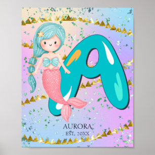 Letter A Monogram Watercolor Cute Mermaid Nursery Poster