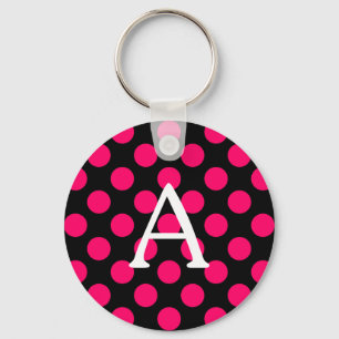 Letter A on Black Pink Polka Dots Keychain