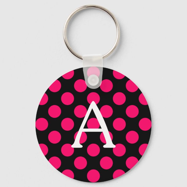 Letter A on Black Pink Polka Dots Keychain (Front)