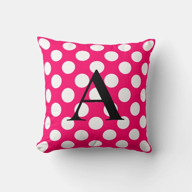 Letter A on Pink White Polka Dots Throw Pillow (Front)