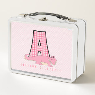Letter A Pink Alligator Back to School Metal Lunch Box