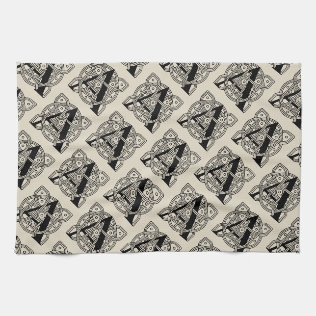 Letter A Vintage Celtic Knot Monogram Kitchen Towel (Horizontal)