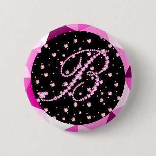 Letter B Diamonds Monogram Pink Diamond Pattern 2 Inch Round Button