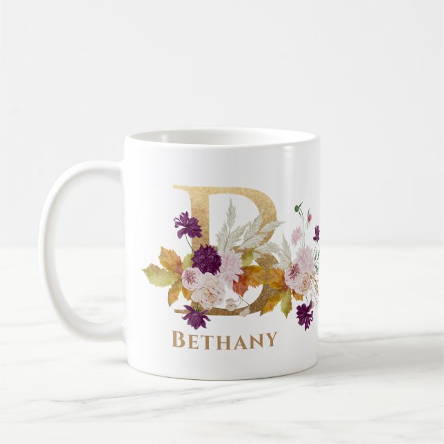 Letter B - Gold Floral Name sister coworker friend Coffee Mug (Left)