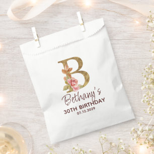 Letter B Gold Monogram Blush Pink Roses Favour Bag