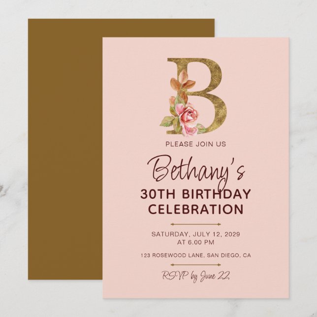 Letter B Gold Monogram Blush Pink Roses Invitation (Front/Back)