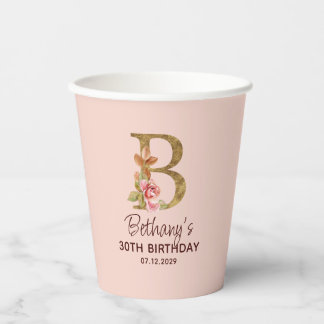 Letter B Gold Monogram Blush Pink Roses Paper Cups