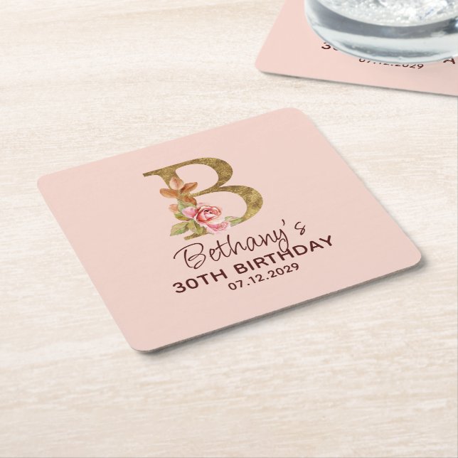 Letter B Gold Monogram Blush Pink Roses Square Paper Coaster (Angled)