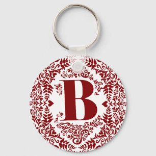 Letter B in Unique Modern Red Heart Floral Border Keychain