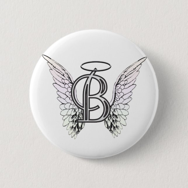 Letter B Initial Monogram with Angel Wings & Halo 2 Inch Round Button (Front)