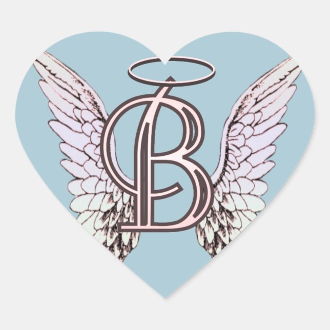 Letter B Initial Monogram with Angel Wings & Halo  Heart Sticker (Front)