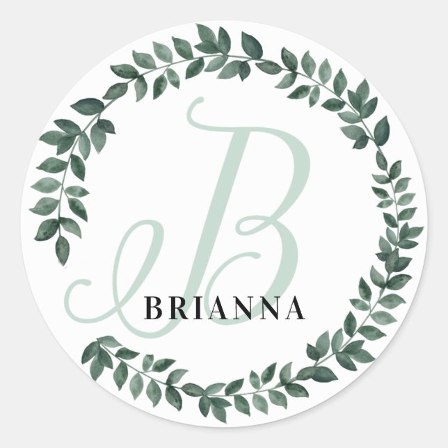 Letter B Monogram Custom Name Minimalist Botanical Classic Round Sticker (Front)