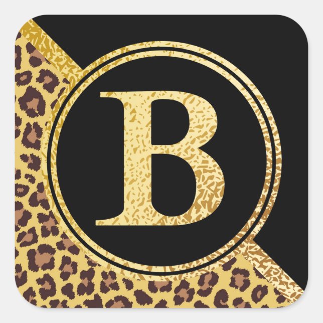 Letter B Monogram Leopard Print Gold and Black Square Sticker (Front)