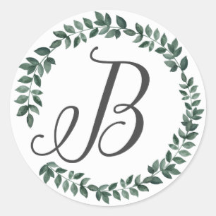 Letter B Monogram Minimalist Botanical Leaf Wreath Classic Round Sticker
