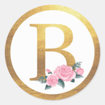 Letter B Monogram Pink Roses Floral & Elegant Gold