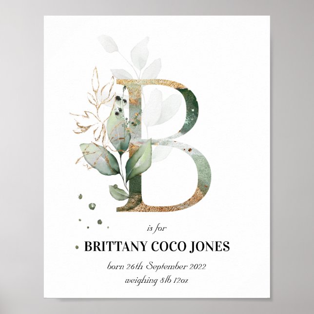 Letter B New Baby Monogram Birth Print Greenery (Front)