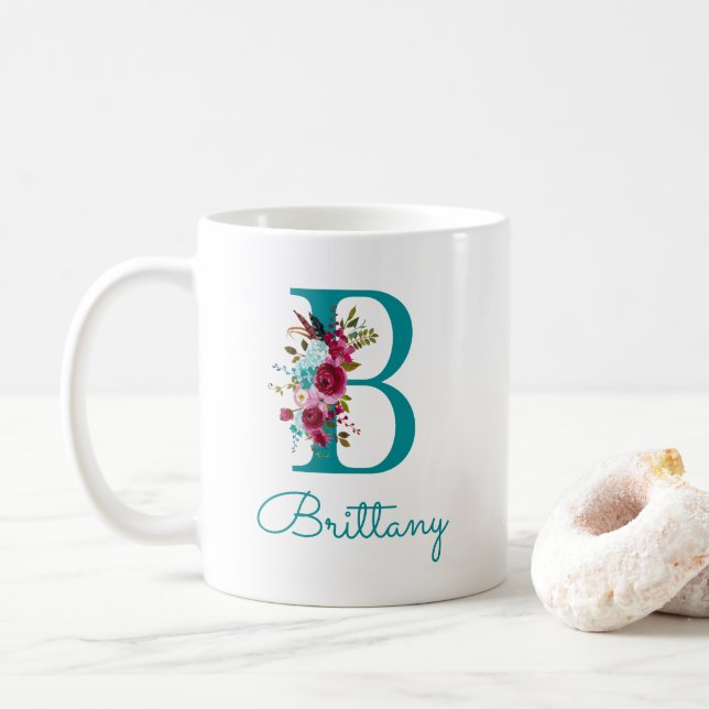 Letter B Teal Pink Floral Coffee Mug (With Donut)