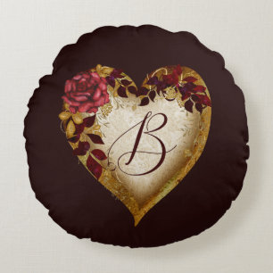 Letter B Vintage Red rose and Golden leaves Heart Round Pillow