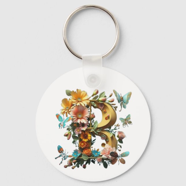 Letter B with butterflies and flowers Keychain (Front)
